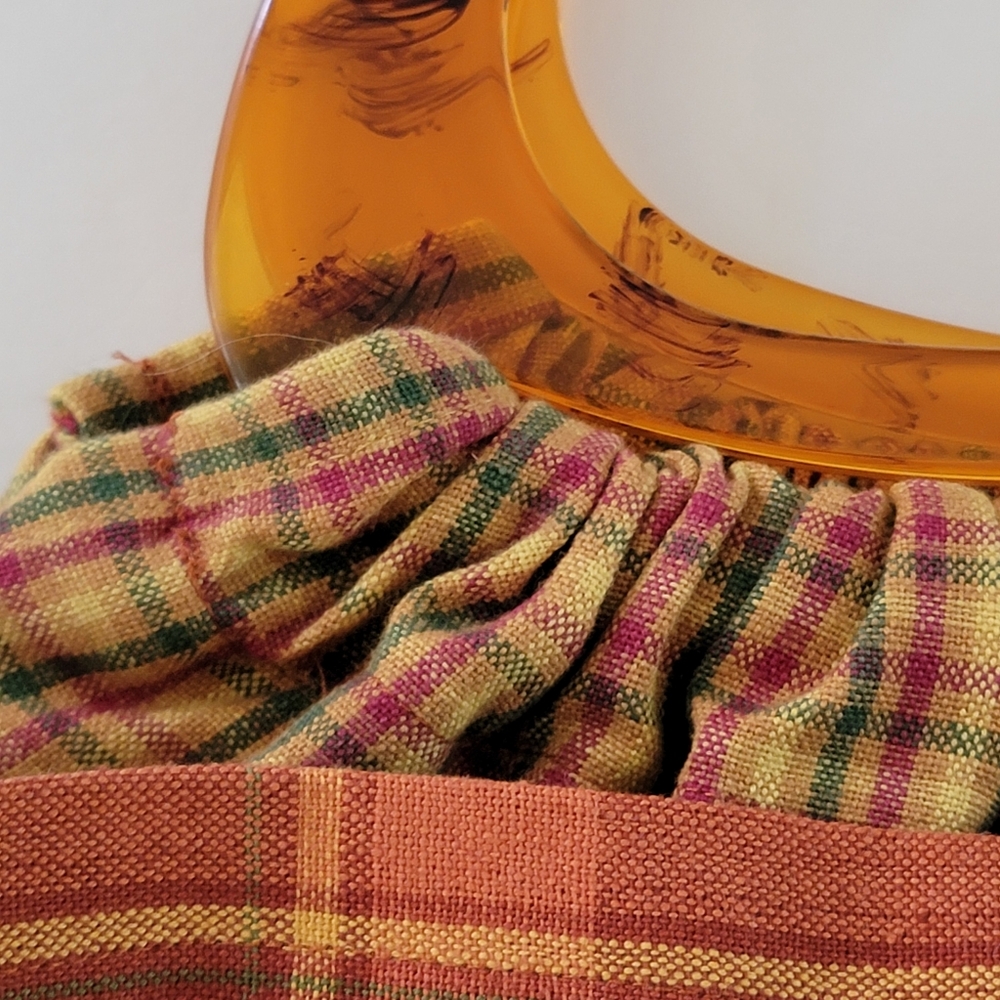 Hand Crafted Orange Brown Plaid Tartan Clutch Purse Handbag Acrylic Handles - Picture 3 of 9